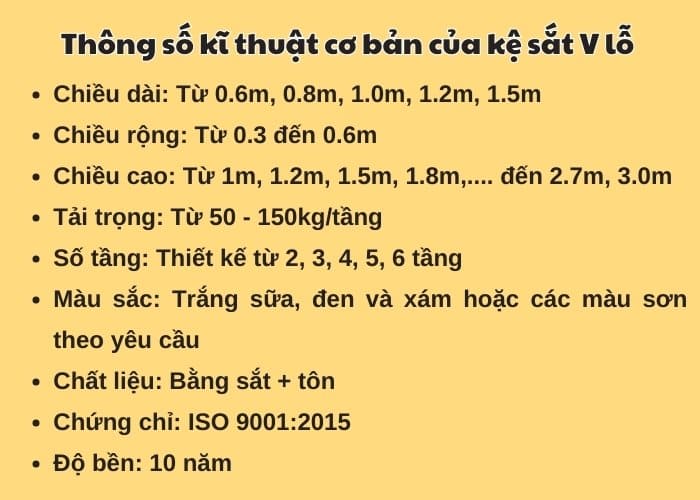 Thông số kỹ thuật của kệ sắt V lỗ 