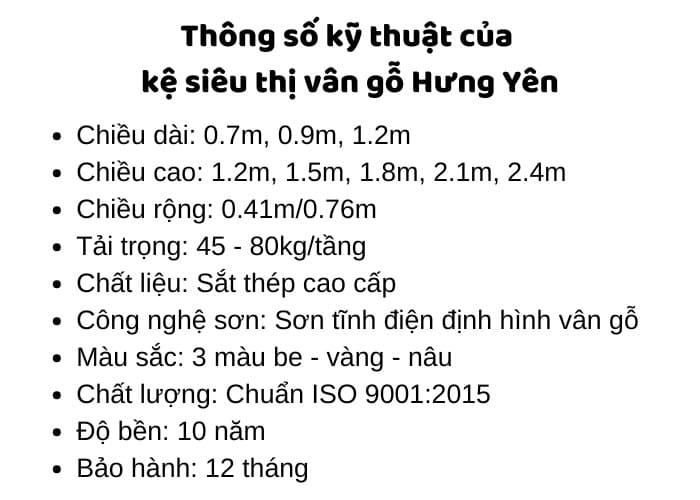 Thông số kỹ thuật của kệ siêu thị vân gỗ 