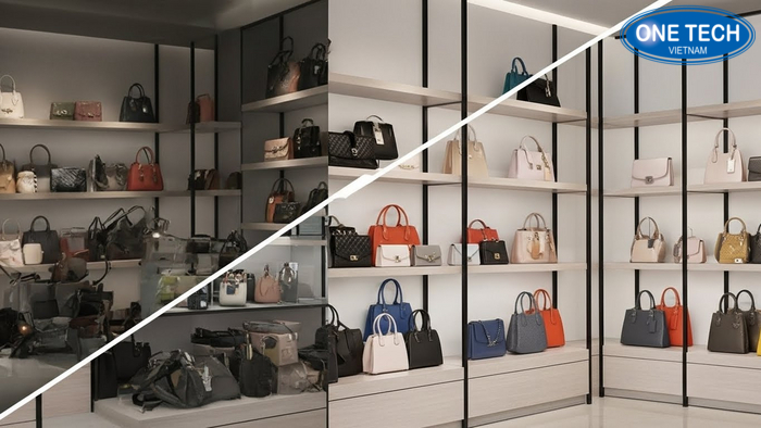 Before After góc shop túi xách bừa bộn và góc trưng bày trên kệ chuẩn