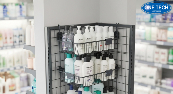 Bố trí kệ treo dầu gội dây ở góc tường giúp tiết kiệm không gian