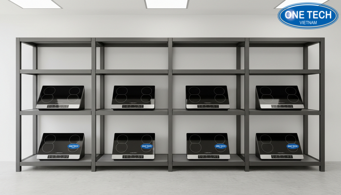 Cách bố trí kệ trưng bày bếp từ hiệu quả Ví dụ bố trí kệ trưng bày bếp từ trong cửa hàng thực tế