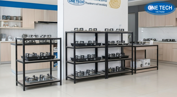 So sánh kệ đơn, kệ đa tầng và kệ quầy trưng bày bếp gas