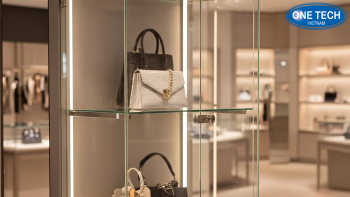 Cận cảnh cấu trúc tủ kính trưng bày túi xách gồm khung kính và hệ đèn
