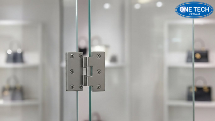 Cận cảnh khóa bản lề và độ dày kính của tủ trưng bày túi xách