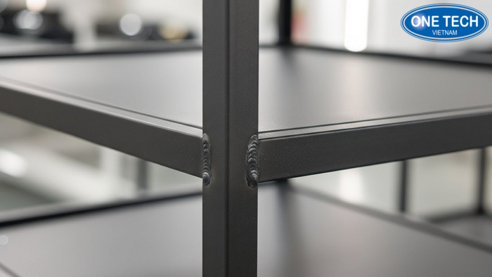 Cận cảnh lớp sơn tĩnh điện và mối hàn trên kệ trưng bày rượu