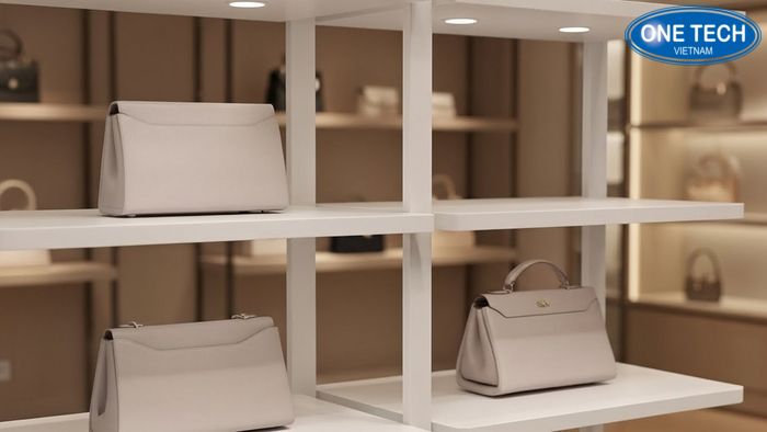 Cận cảnh túi bị móp form do xếp chồng sai và túi đặt đúng trên kệ tầng