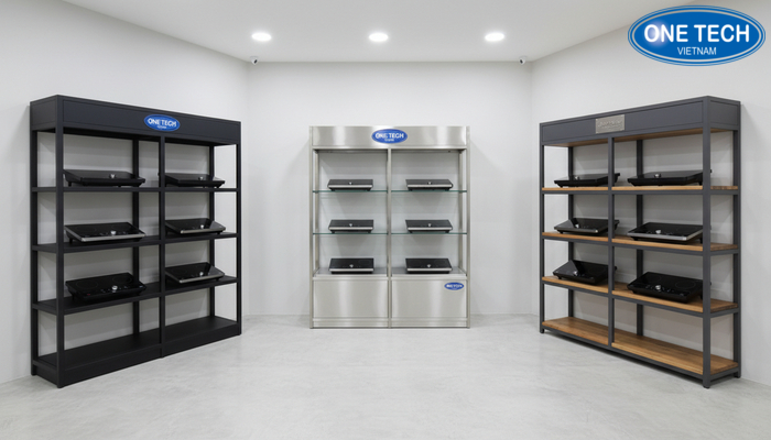 Chất liệu kệ trưng bày bếp từ phổ biến So sánh chất liệu thép sơn tĩnh điện inox và gỗ công nghiệp cho kệ