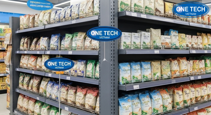 Ví dụ cụm trưng bày gạo theo 3 tầng giá phổ thông đặc sản cao cấp