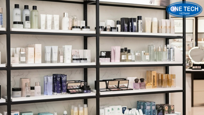 Dự án kệ mỹ phẩm hoàn thiện bởi OneTech Hưng Yên Hình ảnh thực tế dự án lắp đặt kệ trưng bày mỹ phẩm do OneTech thực hiện