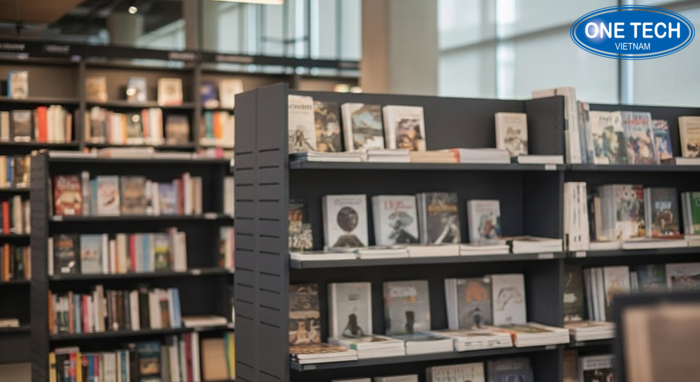 Hình ảnh dự án kệ trưng bày sách báo do OneTech cung cấp, bố trí theo khu vực