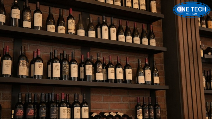 Kệ áp tường phân tầng theo dòng giá và nhãn chai