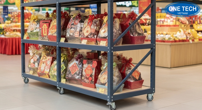 Kệ trưng bày có bánh xe di chuyển dễ dàng Hình minh họa kệ trưng bày có bánh xe dễ di chuyển và vệ sinh