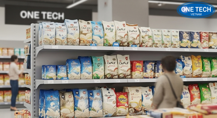 Kệ sắt siêu thị áp tường 1 mặt để trưng bày bao gạo