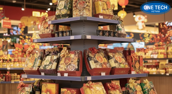 Kệ bậc thang có ụ trưng bày giỏ quà Tết Kệ bậc thang có ụ trưng bày giúp giỏ quà nổi bật