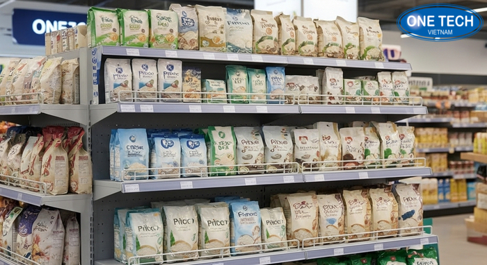 Kệ bậc thang trưng bày gạo giúp lộ mặt bao và nổi bật thương hiệu