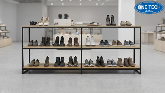 Kệ bậc thang 3 tầng trưng bày giày dép giữa nhà