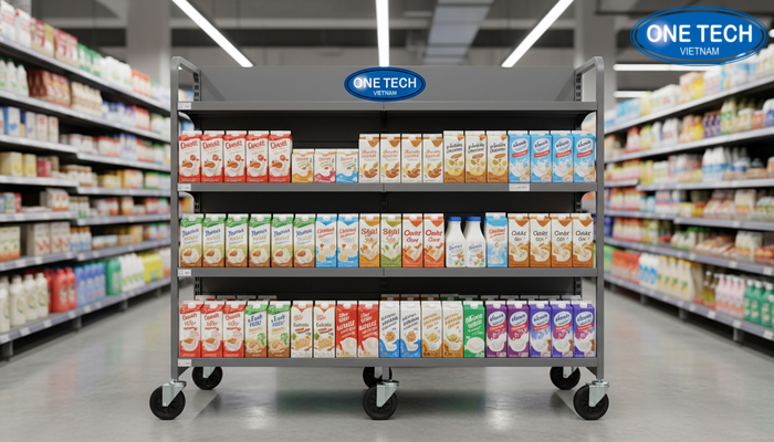 Kệ trưng bày sữa có bánh xe Kệ trưng bày sữa có bánh xe giúp linh hoạt thay đổi bố cục