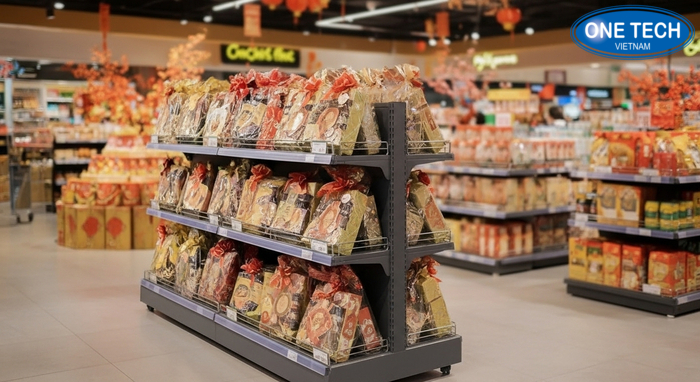 Kệ trưng bày quà Tết có bánh xe di chuyển dễ dàng Kệ có bánh xe giúp di chuyển khu trưng bày quà Tết linh hoạt