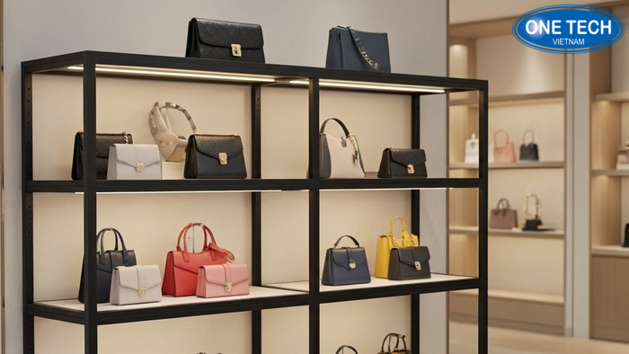 Kệ trưng bày túi xách có LED hắt sáng mô phỏng trước và sau khi bật đèn