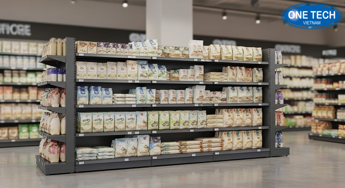 Kệ đảo trung tâm có rào chắn trưng bày gạo khuyến mãi và hàng mới