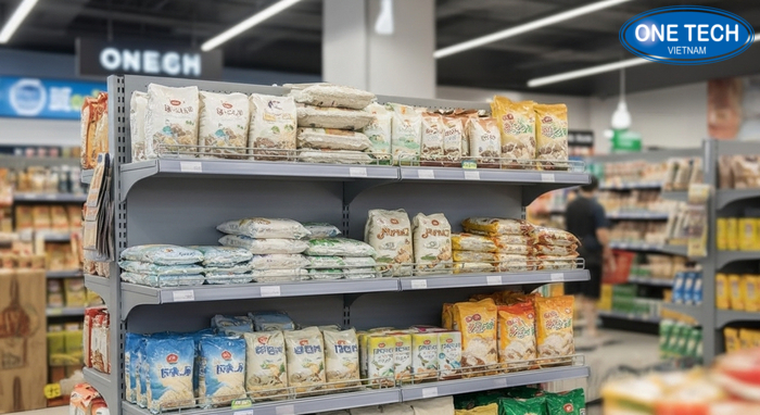 Kệ đôi 2 mặt đặt giữa nhà để trưng bày gạo và hàng thực phẩm khô