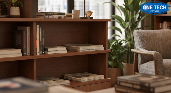 Kệ gỗ tự nhiên trưng bày sách báo, phong cách sang trọng