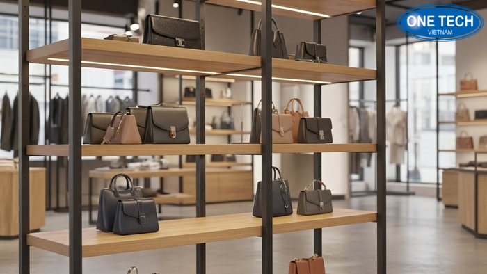 Kệ khung sắt mâm gỗ trưng bày túi xách theo set màu