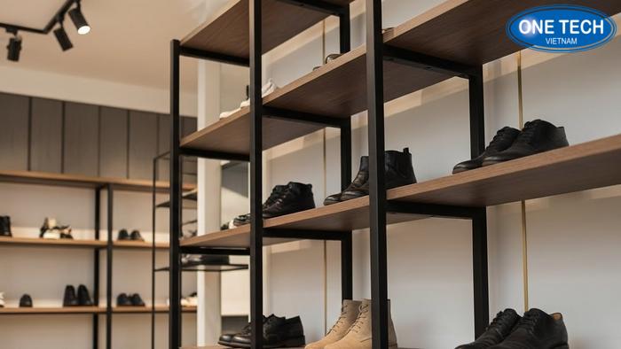 Kệ khung sắt sơn tĩnh điện đen kết hợp mâm gỗ trưng bày giày da