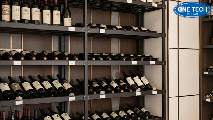Hình ảnh kệ trưng bày rượu có chân tăng chỉnh và giằng chống lắc