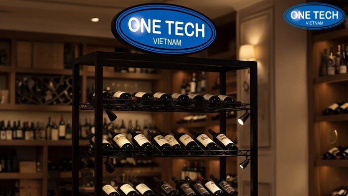 Kệ trưng bày rượu có đèn rọi và khung logo tạo điểm nhấn thương hiệu
