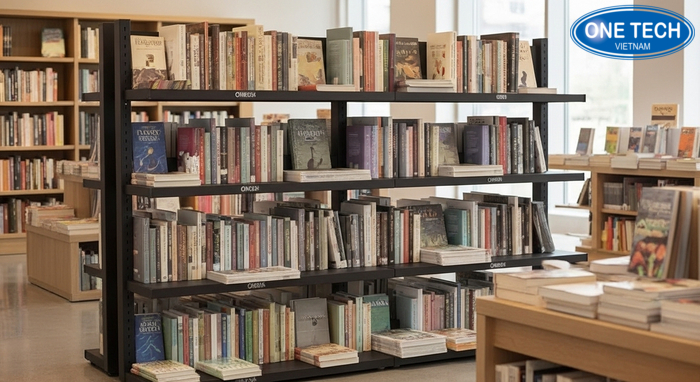 Kệ trưng bày sách báo tiêu chuẩn nhiều tầng, dễ phân loại theo chủ đề