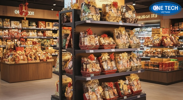 Kệ trưng bày giỏ quà Tết lắp đèn LED Kệ trưng bày giỏ quà Tết có đèn LED tạo điểm nhấn