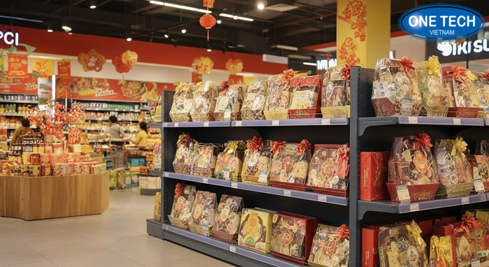 Kệ trưng bày giỏ quà Tết tăng khả năng thu hút khách Kệ trưng bày giỏ quà Tết trong không gian cửa hàng