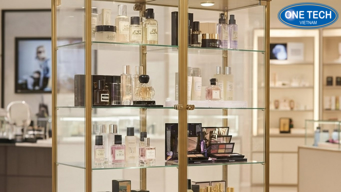 Kệ trưng bày mỹ phẩm kính cường lực sang trọng Tủ trưng bày nước hoa và mỹ phẩm cao cấp bằng kính cường lực có đèn LED