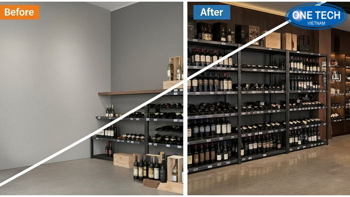 So sánh không gian trước và sau khi lắp kệ trưng bày rượu