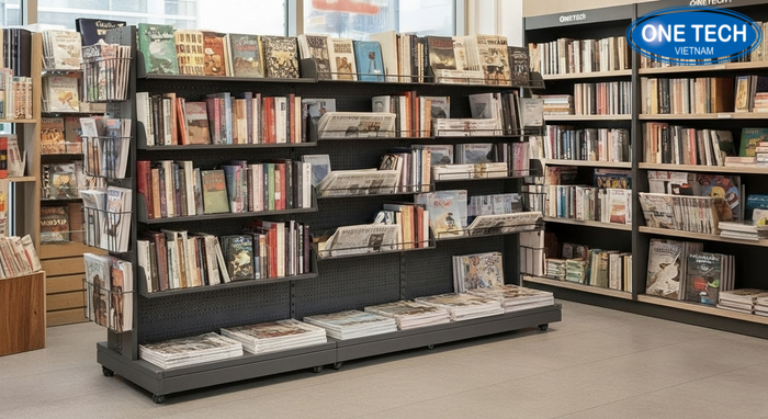 Kệ trưng bày sách báo có bánh xe, tiện di chuyển và khóa cố định