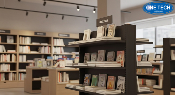 Mẫu kệ trưng bày sách báo cho nhà sách, tối ưu lối đi và phân khu
