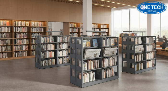 Kệ trưng bày sách báo trong thư viện, bố trí theo hàng và nhãn phân loại