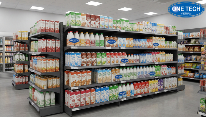 Ứng dụng kệ trưng bày sữa trong cửa hàng tiện lợi Kệ trưng bày sữa trong cửa hàng tiện lợi