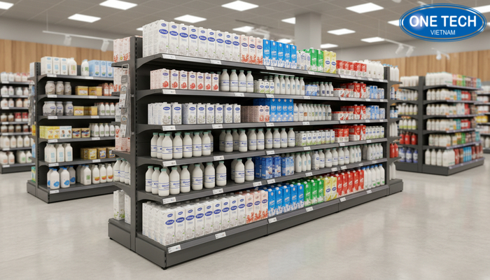 Ứng dụng kệ trưng bày sữa trong siêu thị mini Kệ trưng bày sữa trong môi trường siêu thị mini