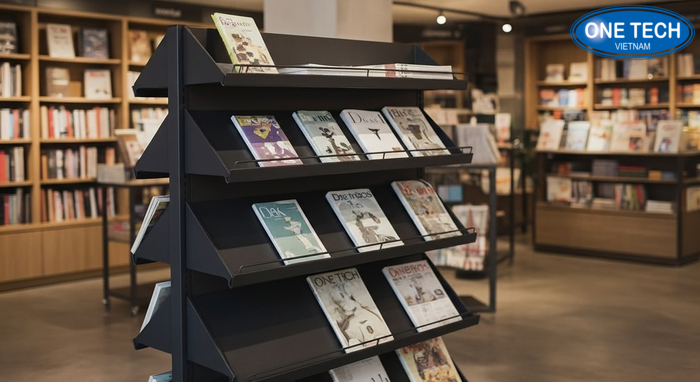 Kệ để tạp chí đa năng mặt nghiêng giúp nhìn rõ bìa, tăng khả năng chọn mua
