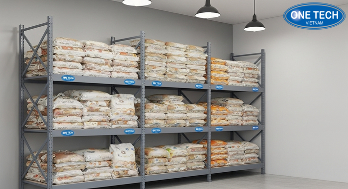 Kệ V lỗ hoặc kệ tải nặng dùng lưu trữ bao gạo trong kho nhỏ