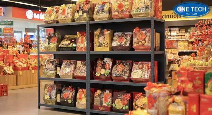 Kệ V lỗ trưng bày giỏ quà Tết tiện lợi Kệ V lỗ trưng bày quà Tết dễ lắp đặt