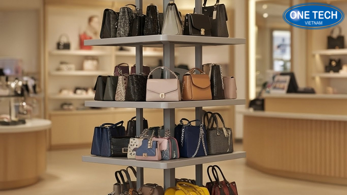 Kệ xoay trưng bày túi xách đặt gần quầy thu ngân tăng mua kèm
