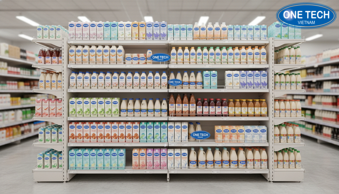 Kích thước kệ trưng bày sữa tiêu chuẩn Minh họa kích thước kệ trưng bày sữa dài 1.2m sâu 0.4m cao 2m
