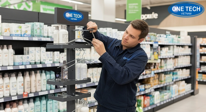 Minh họa cân chỉnh và bắt vít kệ treo dầu gội dây để giảm rung