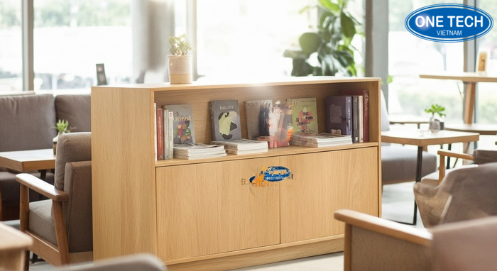 Mẫu kệ gỗ tự nhiên dạng tủ thấp cho góc đọc và quán cà phê sách