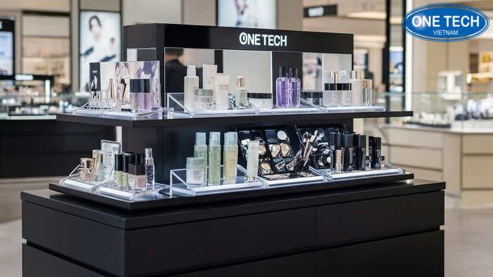 Mẫu kệ mỹ phẩm sang trọng hiện đại đặt giữa nhà Mẫu kệ đảo giữa nhà trưng bày mỹ phẩm với thiết kế sang trọng