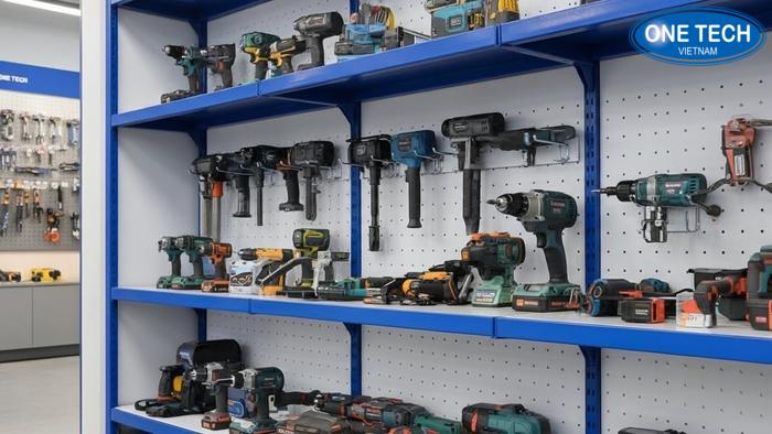 Mẫu kệ trưng bày máy cầm tay lưng tôn lỗ màu xanh trắng