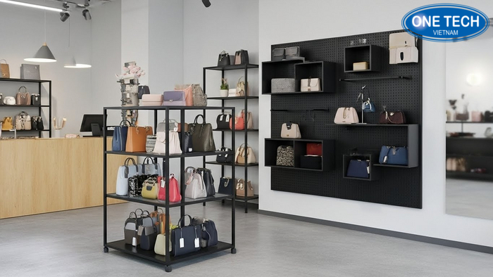Phối cảnh layout shop túi xách nhỏ với kệ đứng và mảng treo tường